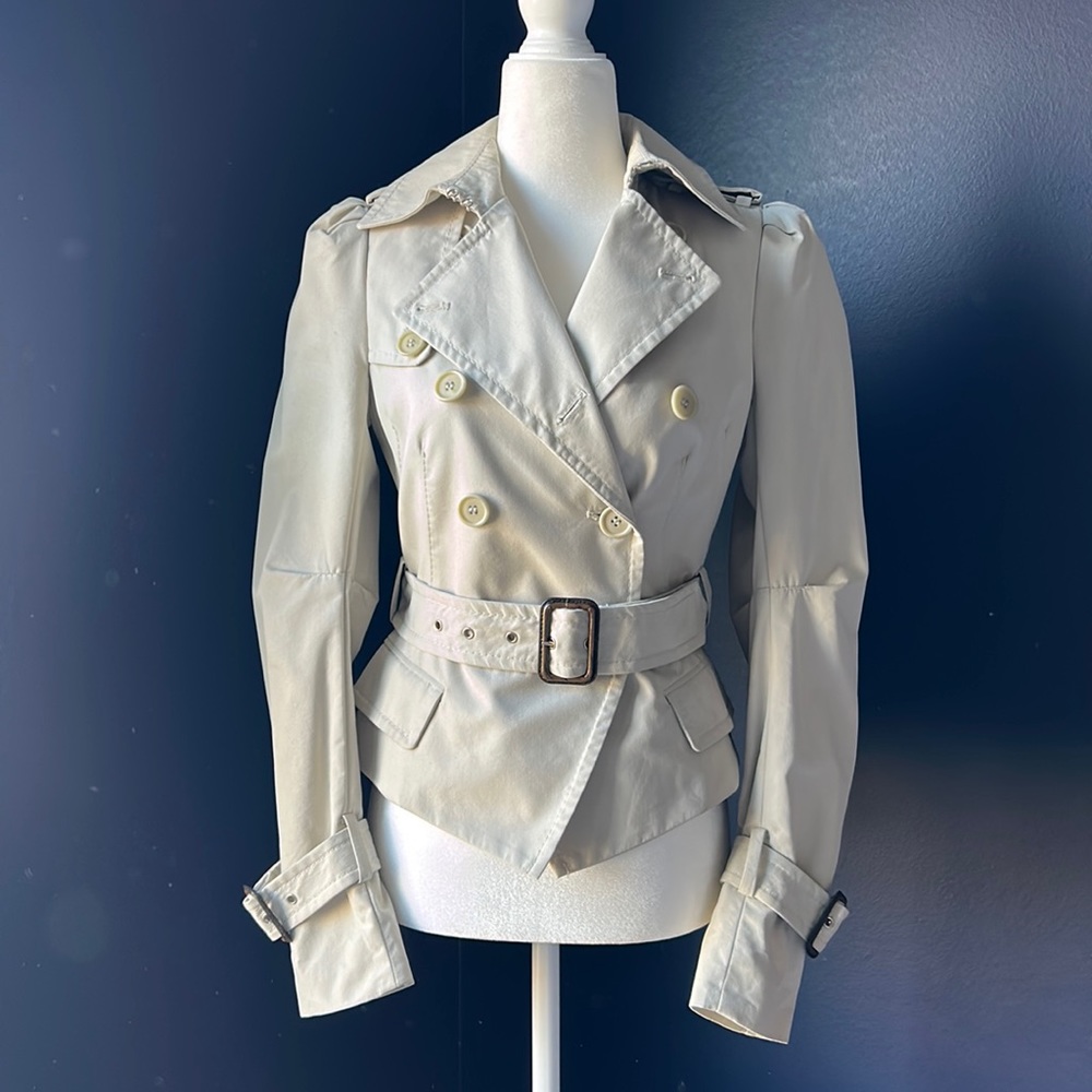 **SOLD** BCBGMaxazria Cropped Tan Belted Trench Coat Jacket